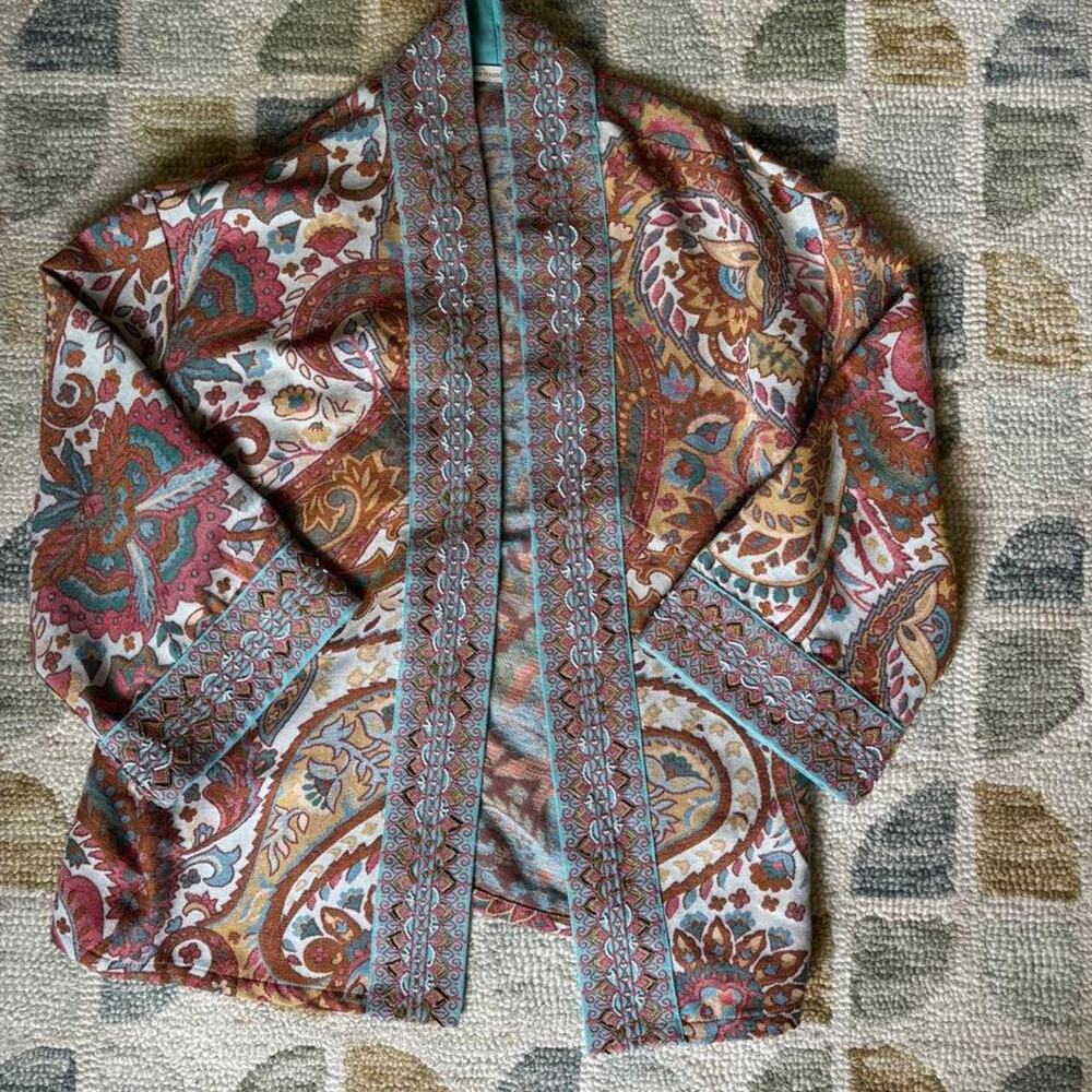 Boho Soft Surroundings Paisley Print Kimono Beaded Festival Layer